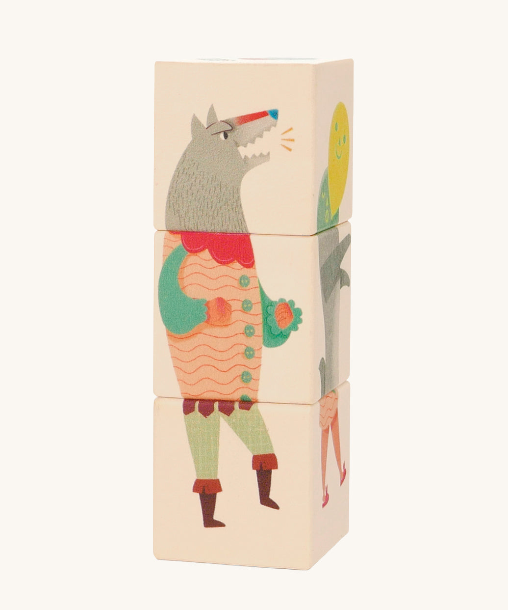 Bajo Little Red Riding Hood Turning Blocks. Three wooden blocks that are attached to each other, each block side features a piece of a character from the little red riding hood than can be twisted to mix and match the character.  These heirloom quality toys by Bajo are part of a wide range of wooden toys available here at Babipur.