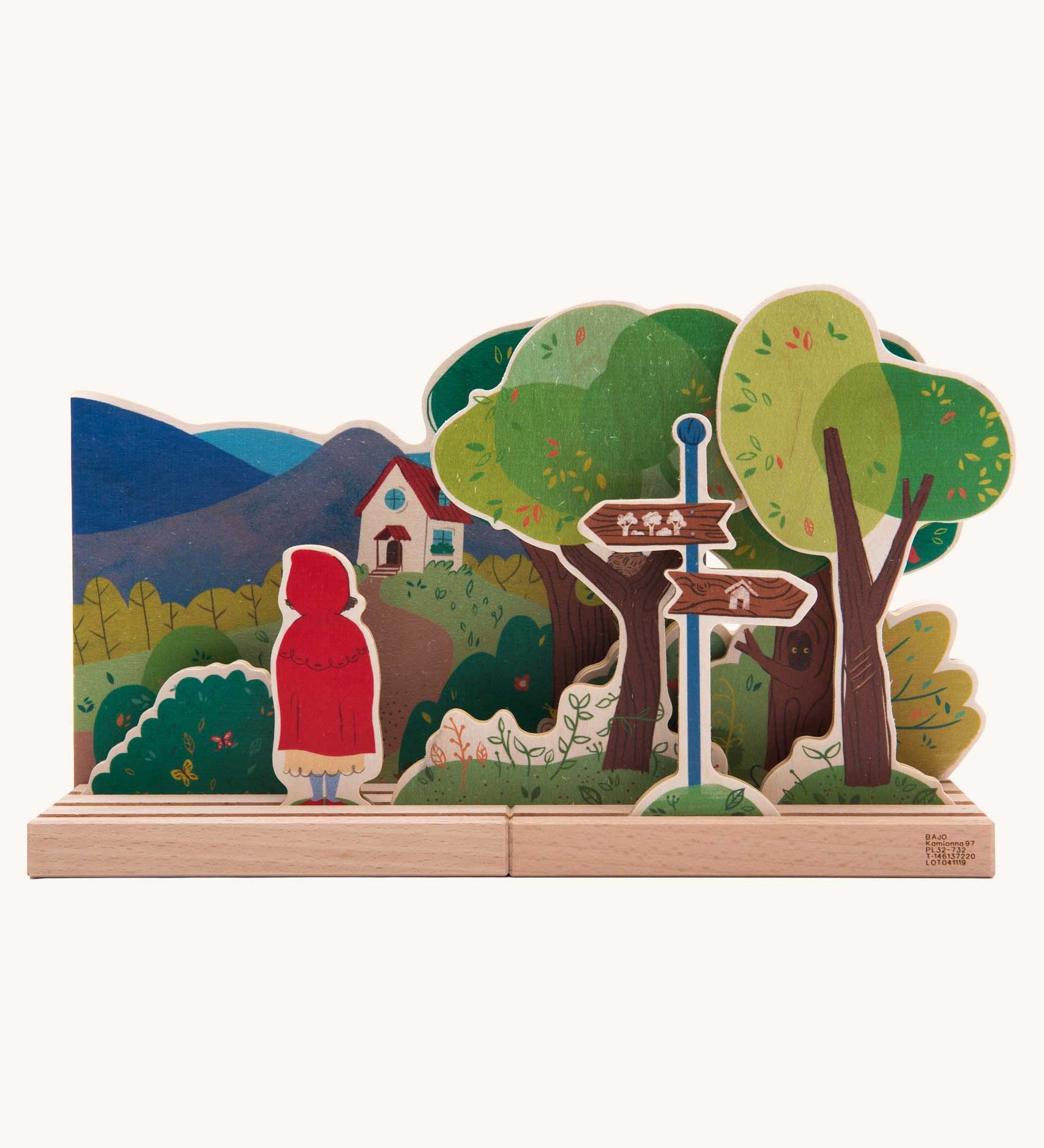 Bajo Little Red Riding Hood Wooden Theatre. The pieces from this set can be placed where desired on the wooden base. Perfect for mall world play and reenactments of a classic story. 