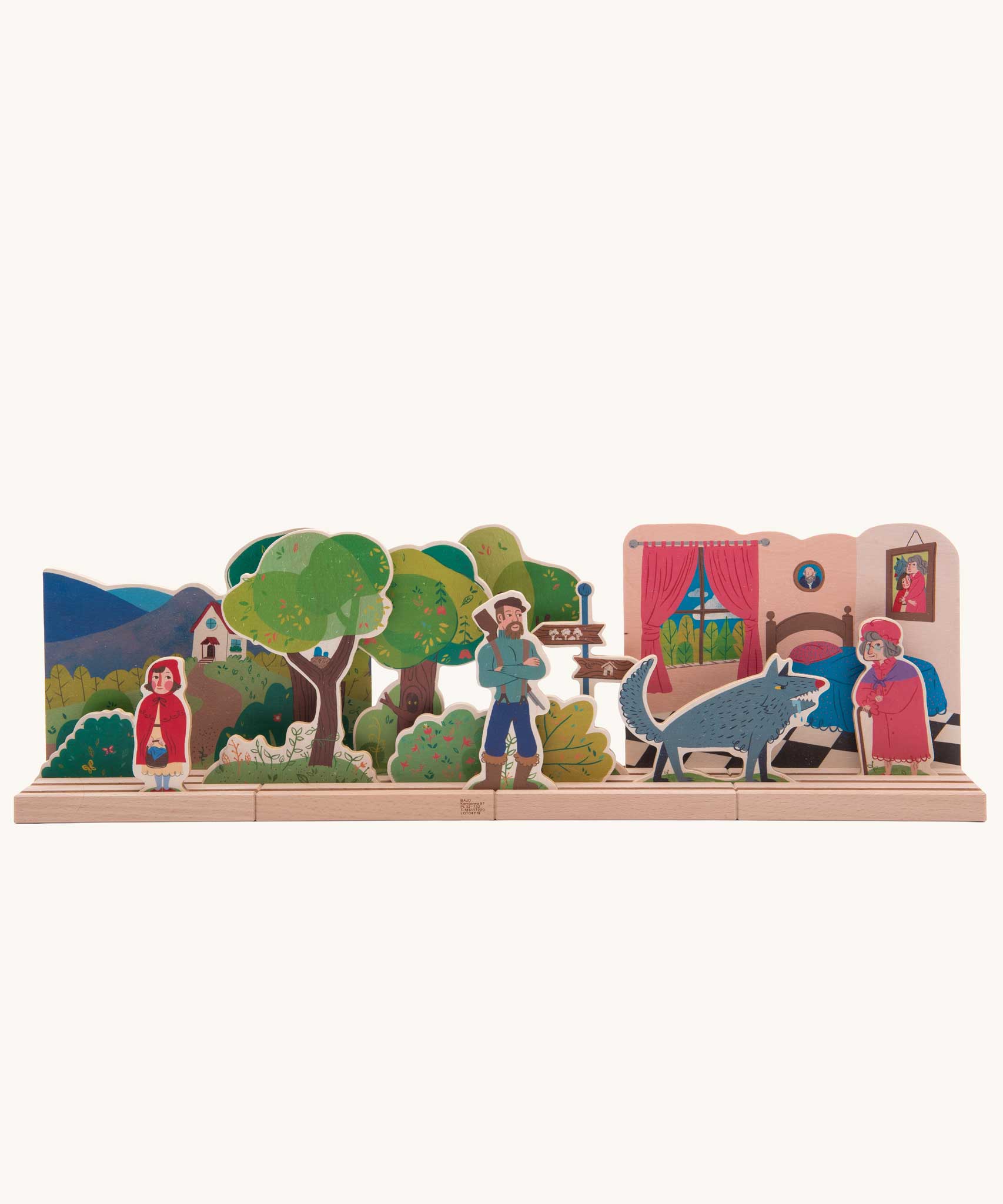 Bajo Little Red Riding Hood Wooden Theatre. The pieces from this set can be placed where desired on the wooden base. Perfect for mall world play and reenactments of a classic story. 
