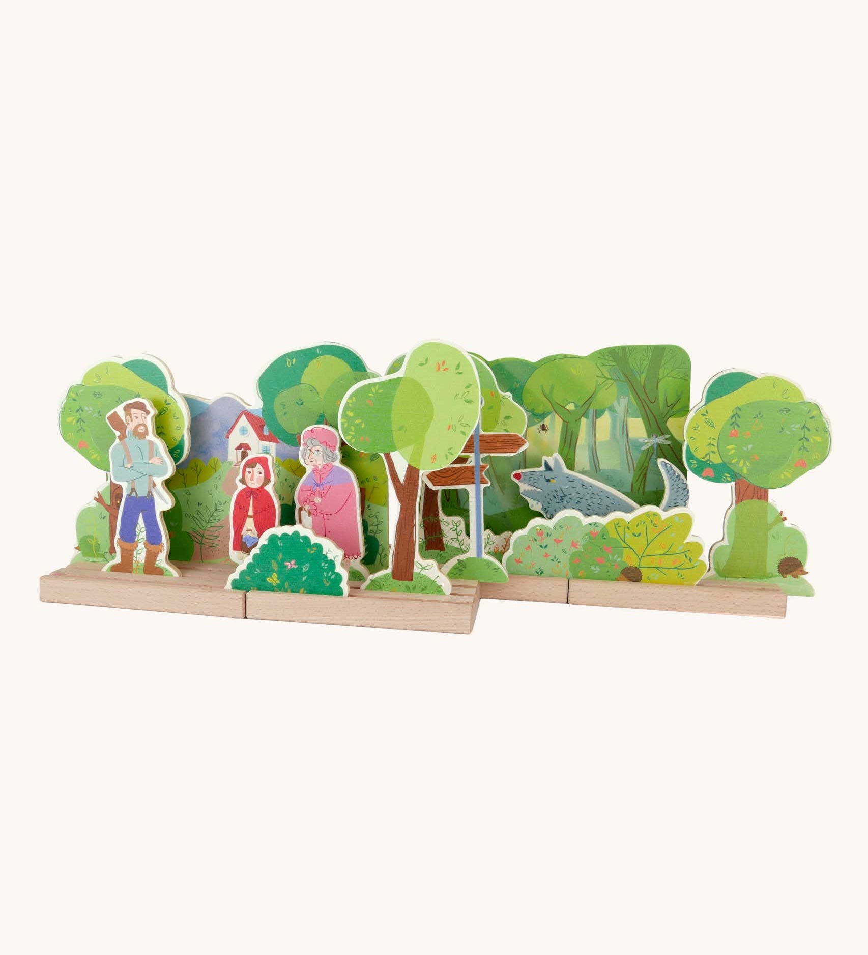 Bajo Little Red Riding Hood Wooden Theatre. The pieces from this set can be placed where desired on the wooden base. Perfect for mall world play and reenactments of a classic story. 