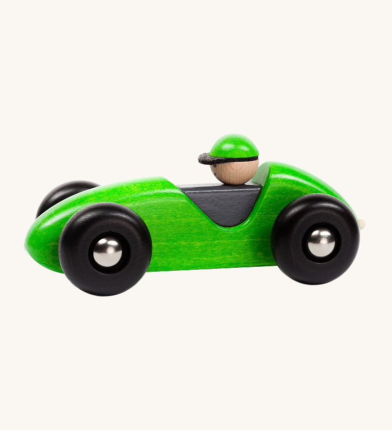 Green Bajo wooden LR car. The car is a part of a wide range of Bajo wooden toy vehicles available at Babipur.