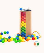 Bajo Mathematical Beads. An educational set that contains coloured wooden beads and thread. These heirloom quality toys by Bajo are part of a wide range of wooden toys available here at Babipur.