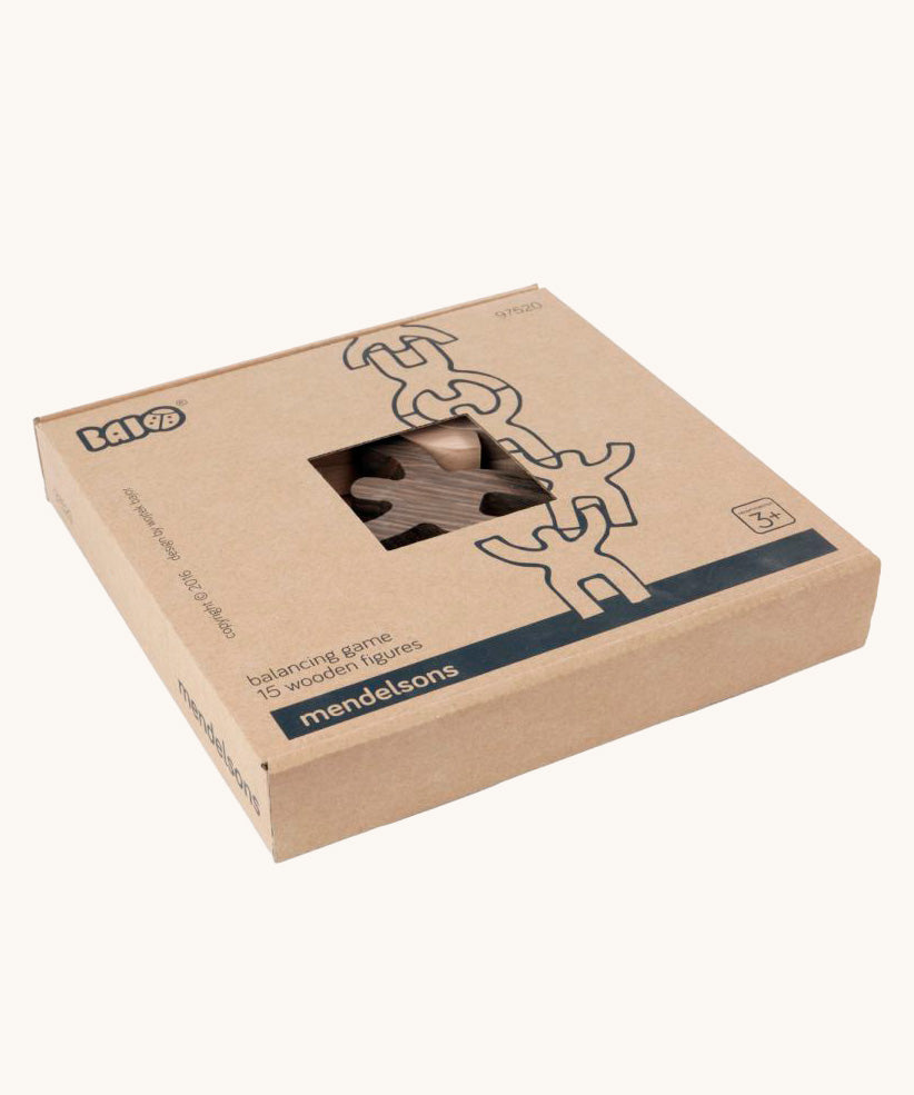 Bajo Mendelsons wooden Balancing Game shown in their cardboard packaging box. A set of 15 wooden figures that can be balanced in various ways.