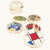 Bajo Modern Art Memory Game. A set of 32 wooden discs featuring 16 different pieces of art. These heirloom quality toys by Bajo are part of a wide range of wooden toys available here at Babipur.