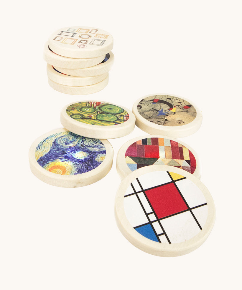 Bajo Modern Art Memory Game. A set of 32 wooden discs featuring 16 different pieces of art. These heirloom quality toys by Bajo are part of a wide range of wooden toys available here at Babipur.