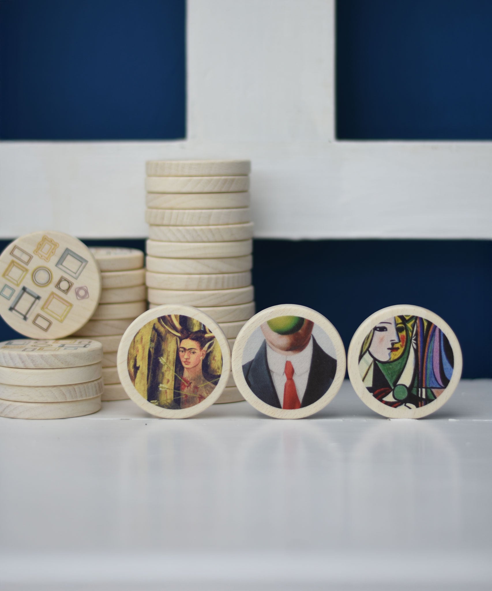 Bajo Modern Art Memory Game. A set of 32 wooden discs featuring 16 different pieces of art. These heirloom quality toys by Bajo are part of a wide range of wooden toys available here at Babipur.