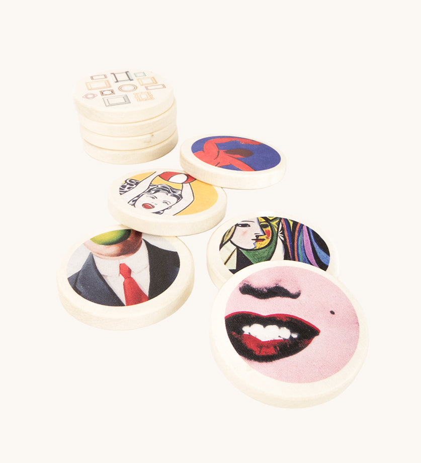 Bajo Modern Art Memory Game. A set of 32 wooden discs featuring 16 different pieces of art. These heirloom quality toys by Bajo are part of a wide range of wooden toys available here at Babipur.