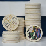 Bajo Modern Art Memory Game. A set of 32 wooden discs featuring 16 different pieces of art. These heirloom quality toys by Bajo are part of a wide range of wooden toys available here at Babipur.