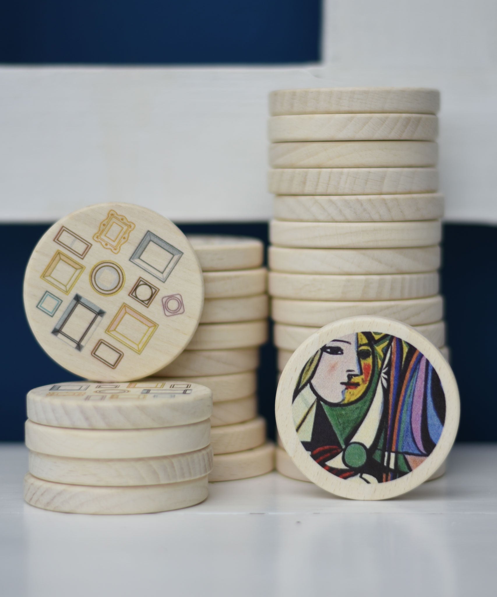Bajo Modern Art Memory Game. A set of 32 wooden discs featuring 16 different pieces of art. These heirloom quality toys by Bajo are part of a wide range of wooden toys available here at Babipur.
