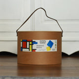 Bajo toys wooden Mondrian building blocks set in their sturdy cardboard packaging box with carry handle.