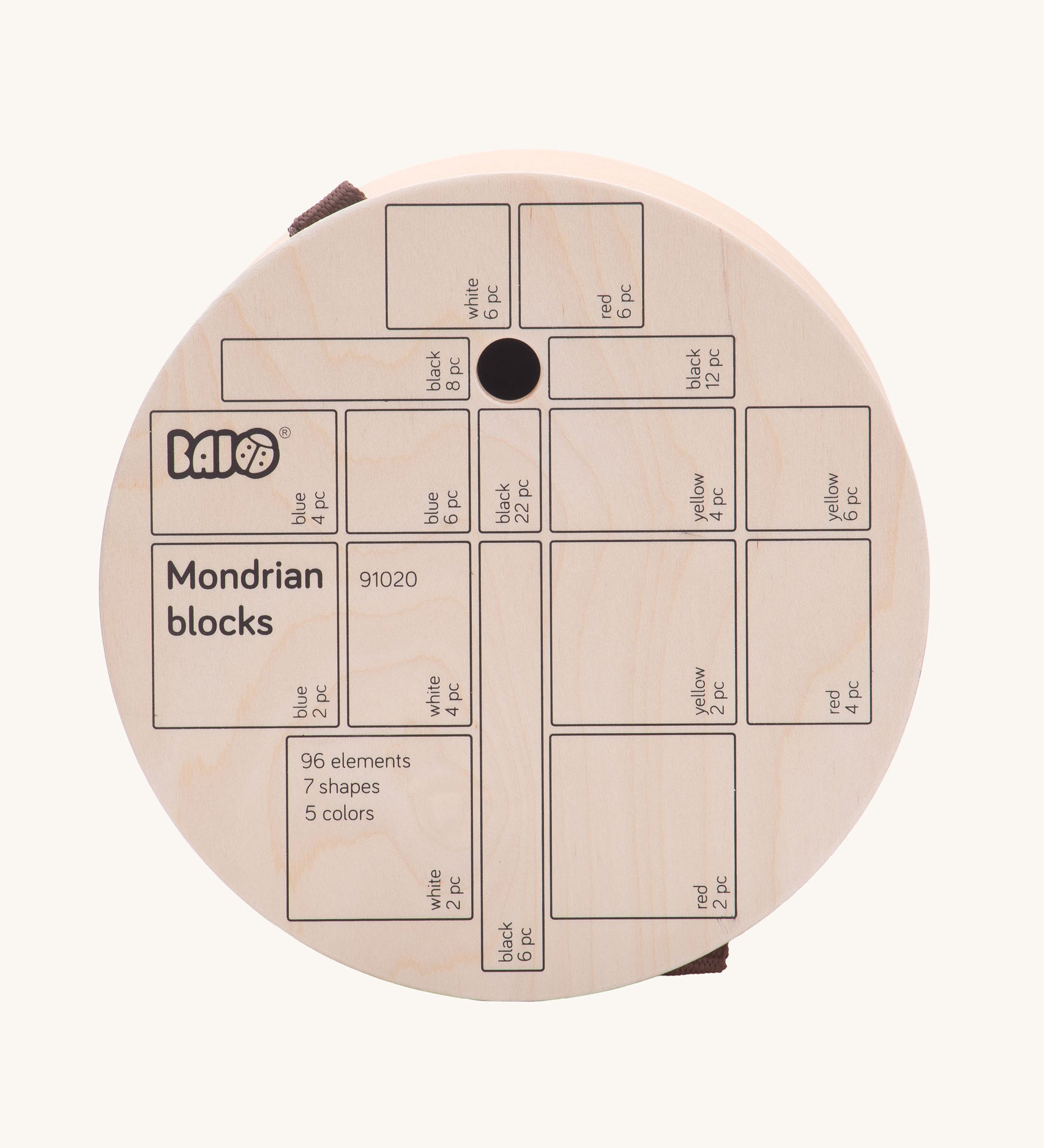 The top of the Bajo Mondrian Building Blocks with the shapes and sizes of the blocks inside shown on the outside.