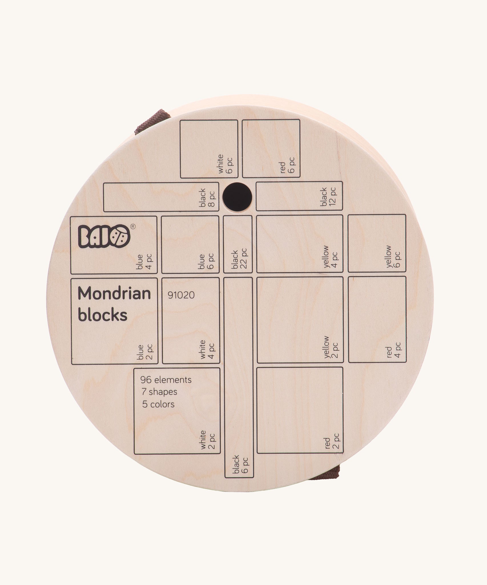 The top of the Bajo Mondrian Building Blocks with the shapes and sizes of the blocks inside shown on the outside.