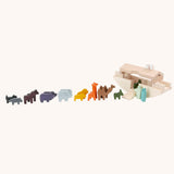 Bajo wooden Noah's ark with wooden coloured animals all lined up outside it. These heirloom quality toys by Bajo are part of a wide range of wooden toys available here at Babipur. 