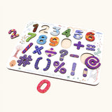 Bajo number & signs board wooden toy. 25 pieces that fit inside a shaped wooden board. 