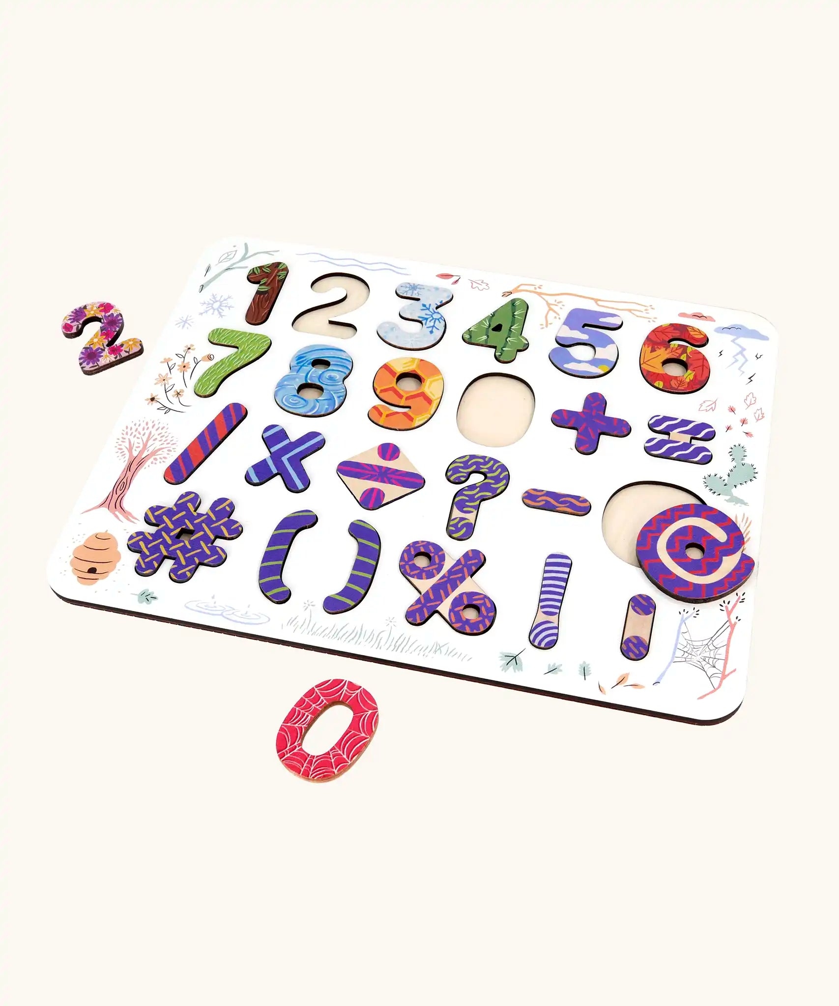 Bajo number & signs board wooden toy. 25 pieces that fit inside a shaped wooden board. 