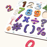 Close up of the Bajo number & signs board wooden toy. 25 pieces that fit inside a shaped wooden board. 