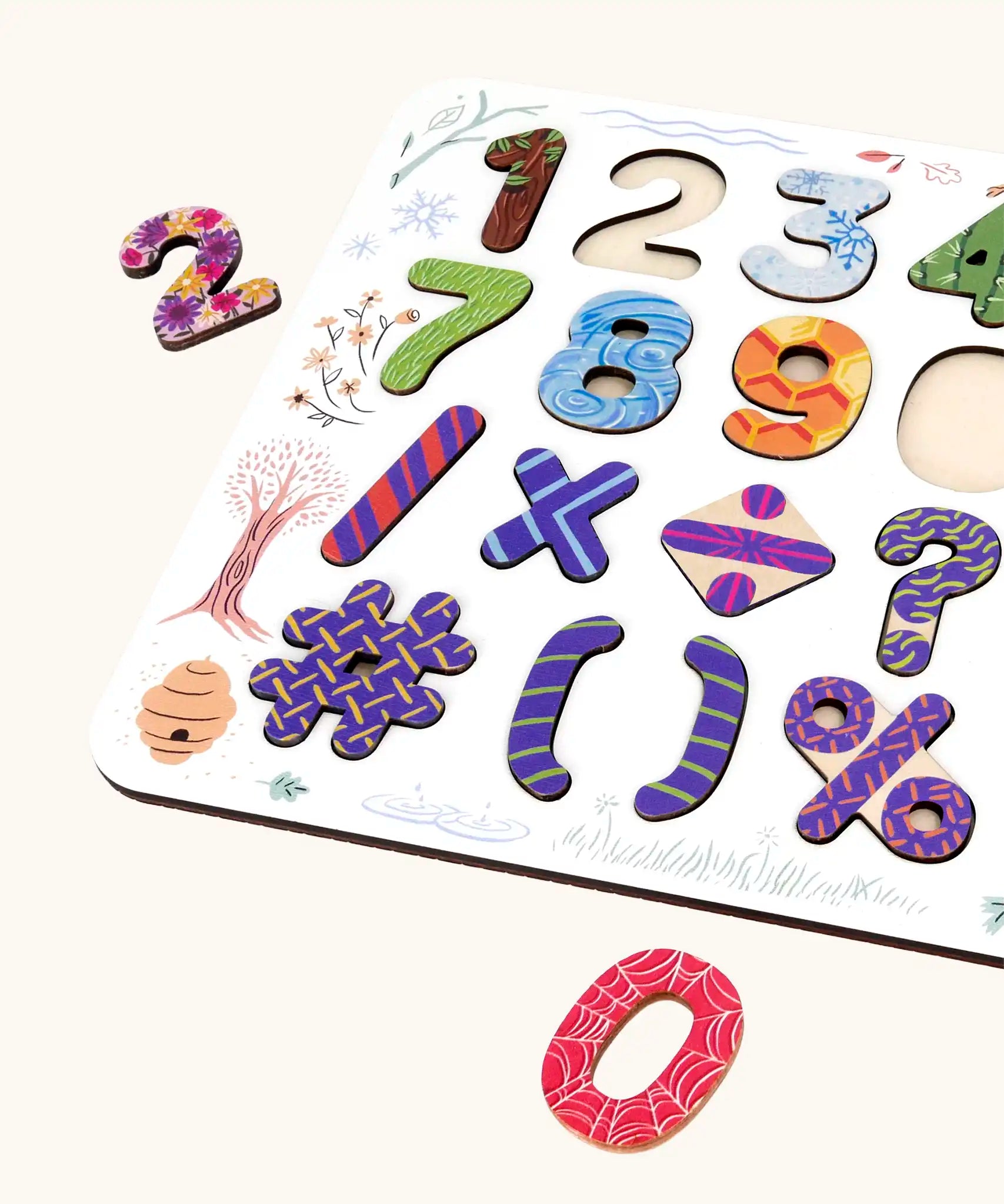Close up of the Bajo number & signs board wooden toy. 25 pieces that fit inside a shaped wooden board. 