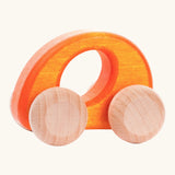 Bajo handmade wooden ellipse car in orange with a oval cut out in the center for grip and unpainted wheels