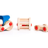 Bajo children's pull along musical train toy laid out on a white background