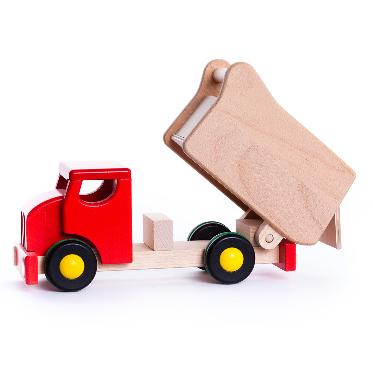 Bajo red wooden tipper lorry shape sorter toy with the loading box tipped up on a white background