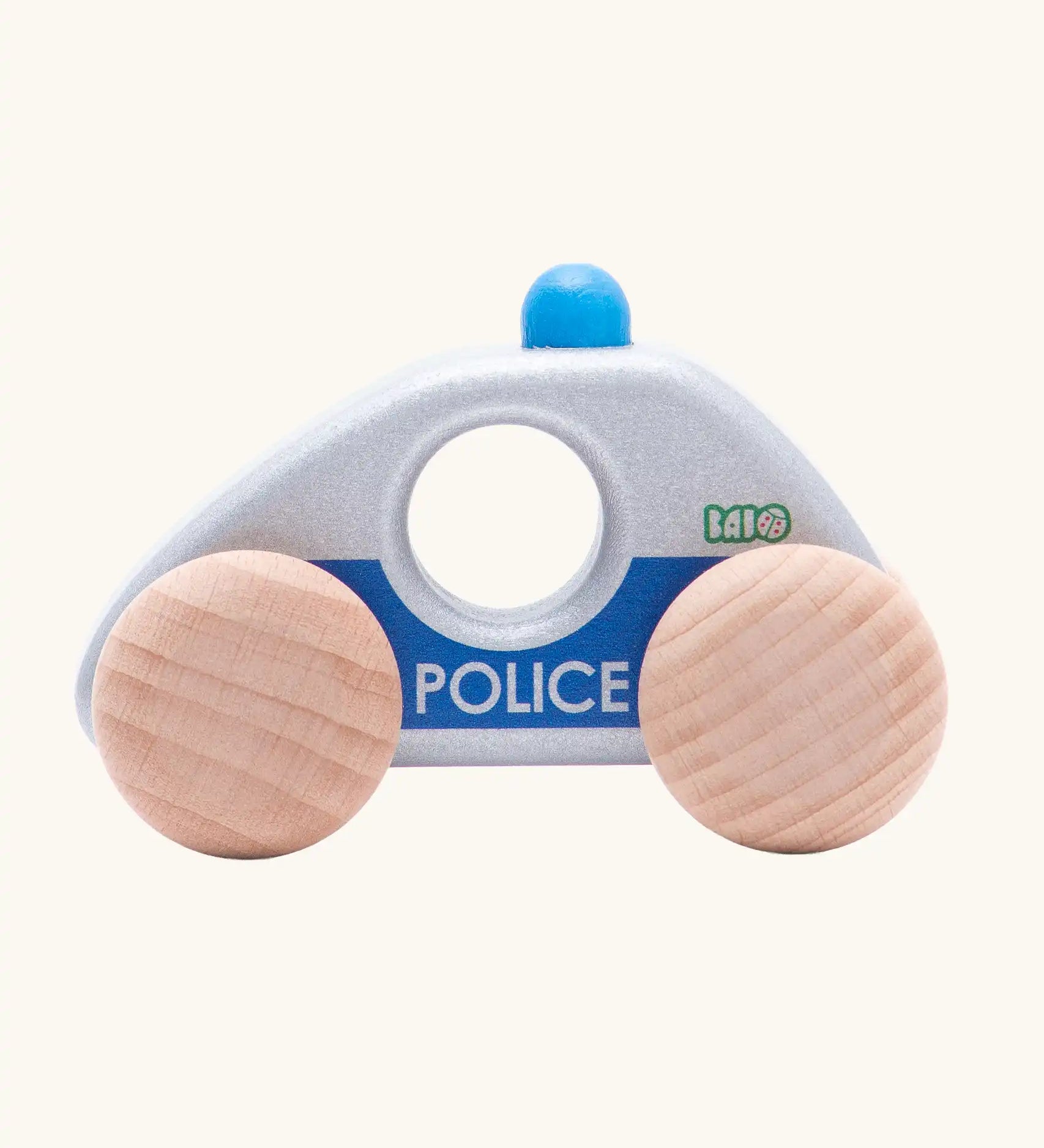 Side profile view of Bajo silver police car wooden toy vehicle. Silver car with blue details and natural wooden wheels.