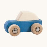 A blue coloured wooden pull back car from Bajo. This wooden car is is part of a wide range of Bajo wooden toy vehicles available at Babipur.