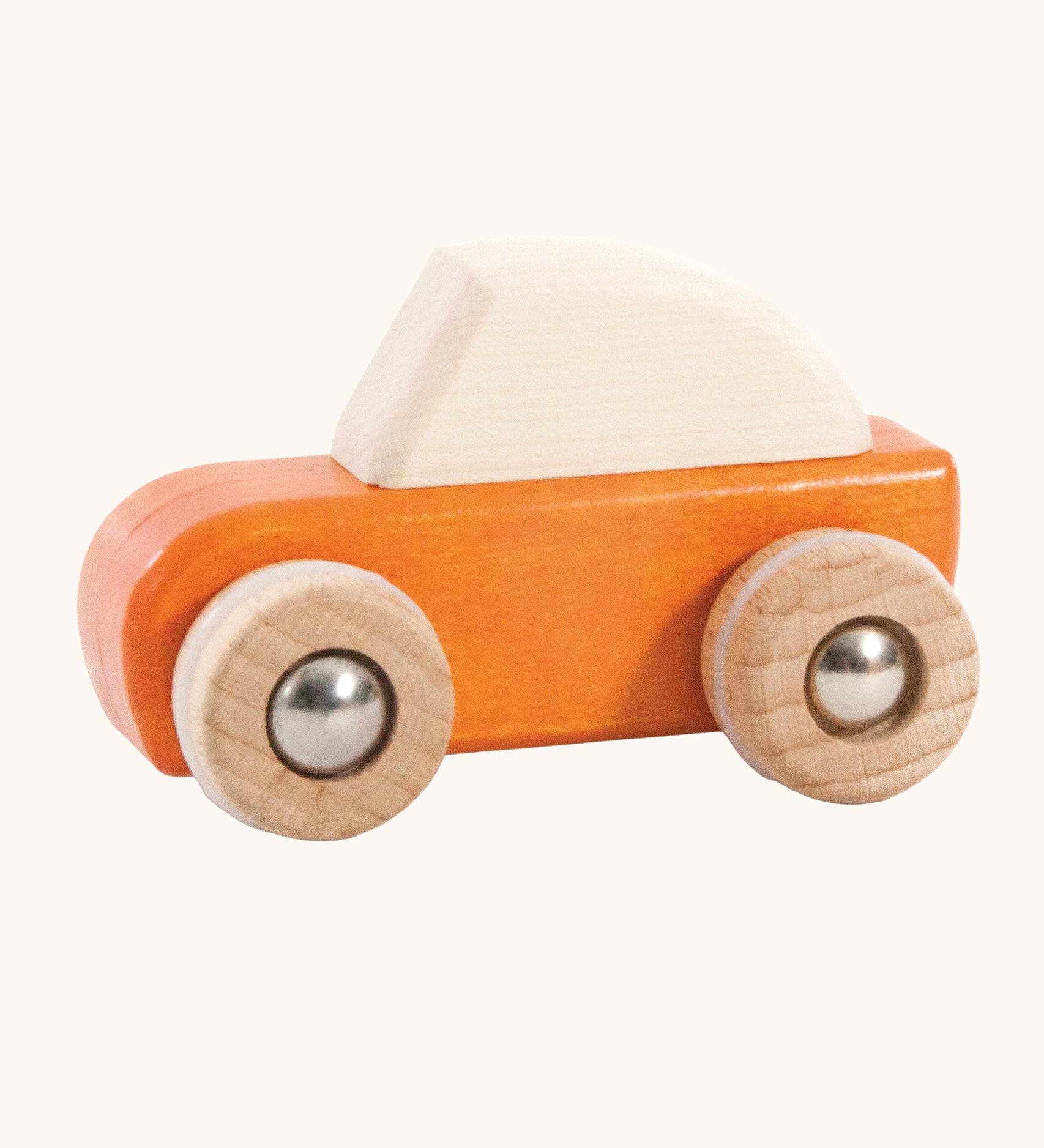 An orange coloured wooden pull back car from Bajo. This wooden car is is part of a wide range of Bajo wooden toy vehicles available at Babipur.