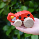 Bajo pull-back ladybird wooden toy figure in a child's hand.