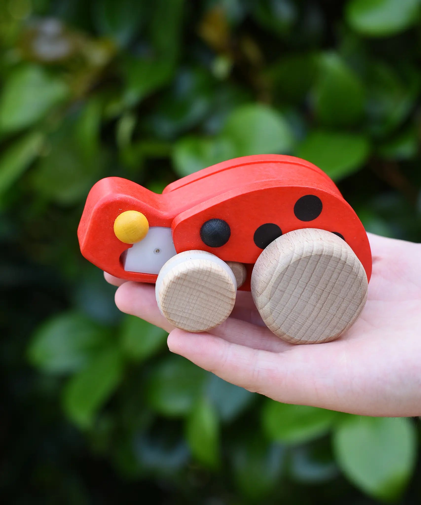Bajo pull-back ladybird wooden toy figure in a child's hand.