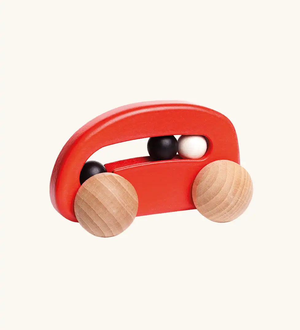 Bajo red wooden toy car with beads fixed in the body.