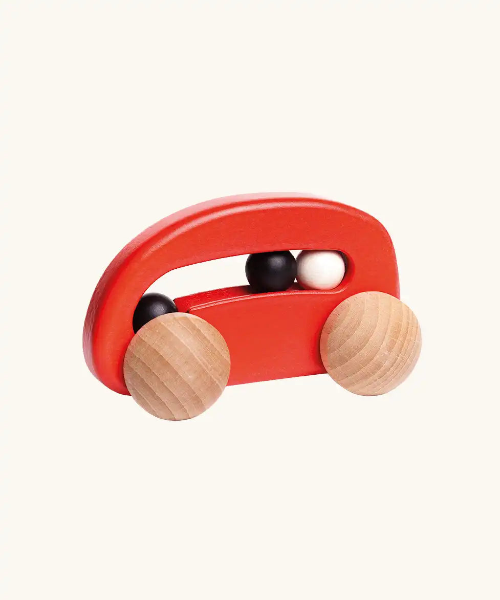 Bajo red wooden toy car with beads fixed in the body.