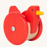 Bajo Red Wobbling Chicken. A red push along wooden chicken toy that bob up and down when pushed along.  These heirloom quality toys by Bajo are part of a wide range of wooden toys available here at Babipur.