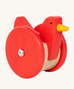 Bajo Red Wobbling Chicken. A red push along wooden chicken toy that bob up and down when pushed along.  These heirloom quality toys by Bajo are part of a wide range of wooden toys available here at Babipur.