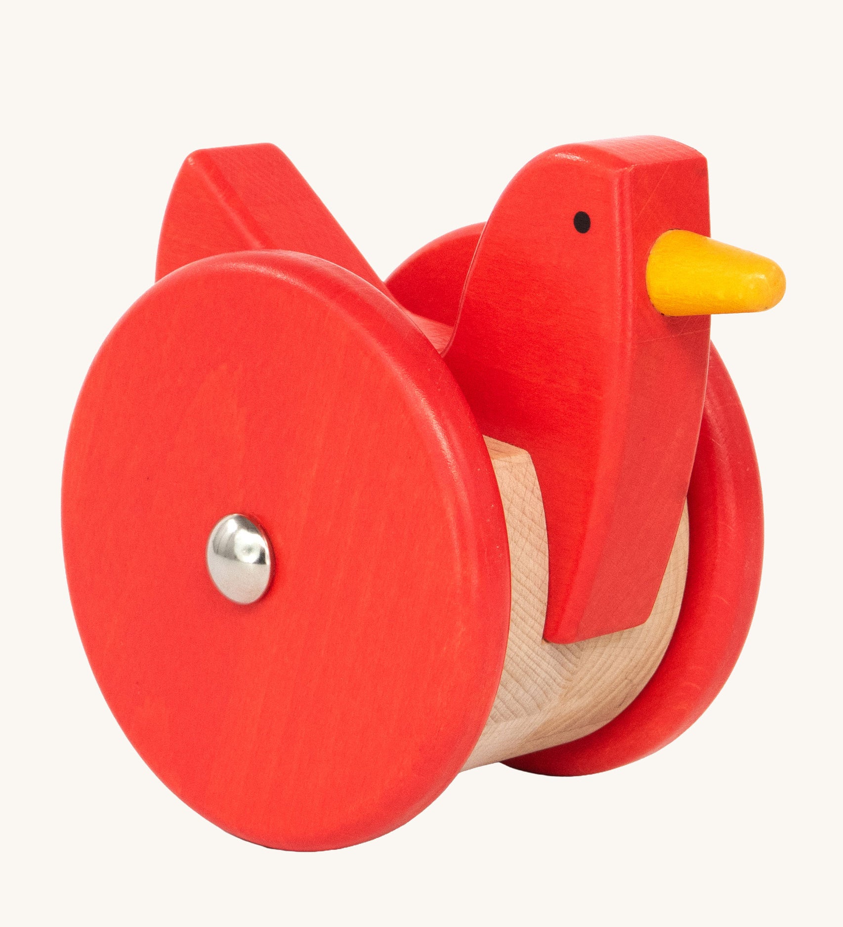 Bajo Red Wobbling Chicken. A red push along wooden chicken toy that bob up and down when pushed along.  These heirloom quality toys by Bajo are part of a wide range of wooden toys available here at Babipur.