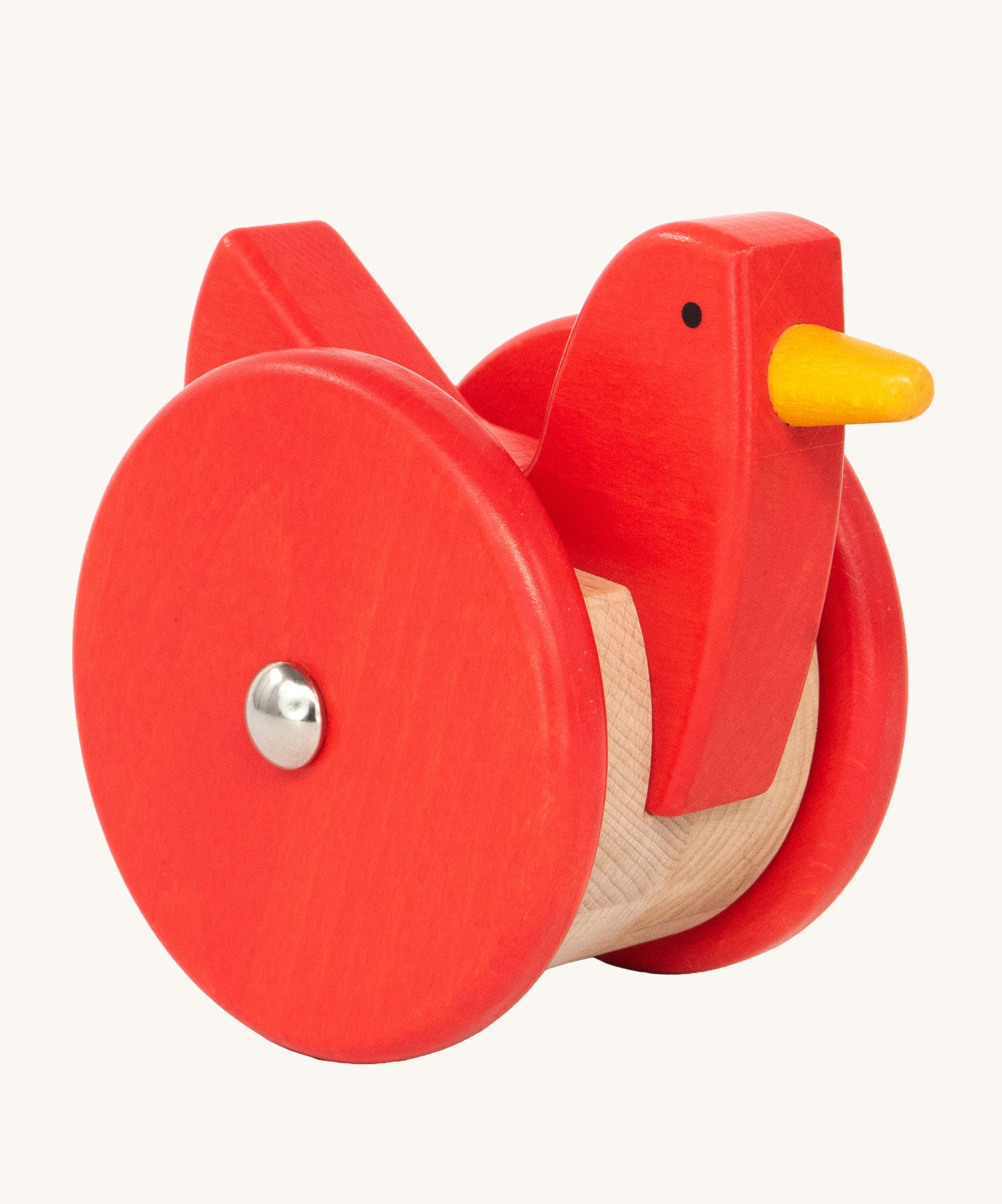 Bajo Red Wobbling Chicken. A red push along wooden chicken toy that bob up and down when pushed along.  These heirloom quality toys by Bajo are part of a wide range of wooden toys available here at Babipur.