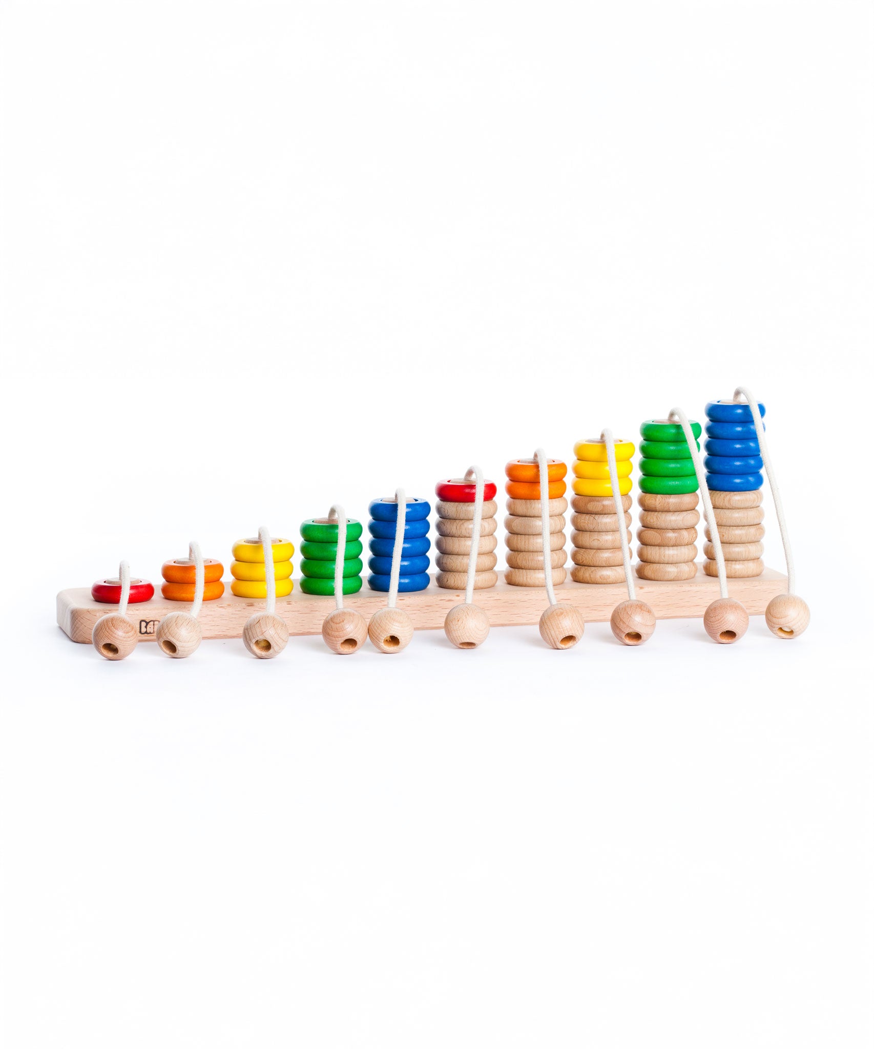 Bajo Rope Abacus. A wooden base with ropes attached and wooden rings, some coloured and some natural wood. These heirloom quality toys by Bajo are part of a wide range of wooden toys available here at Babipur. 