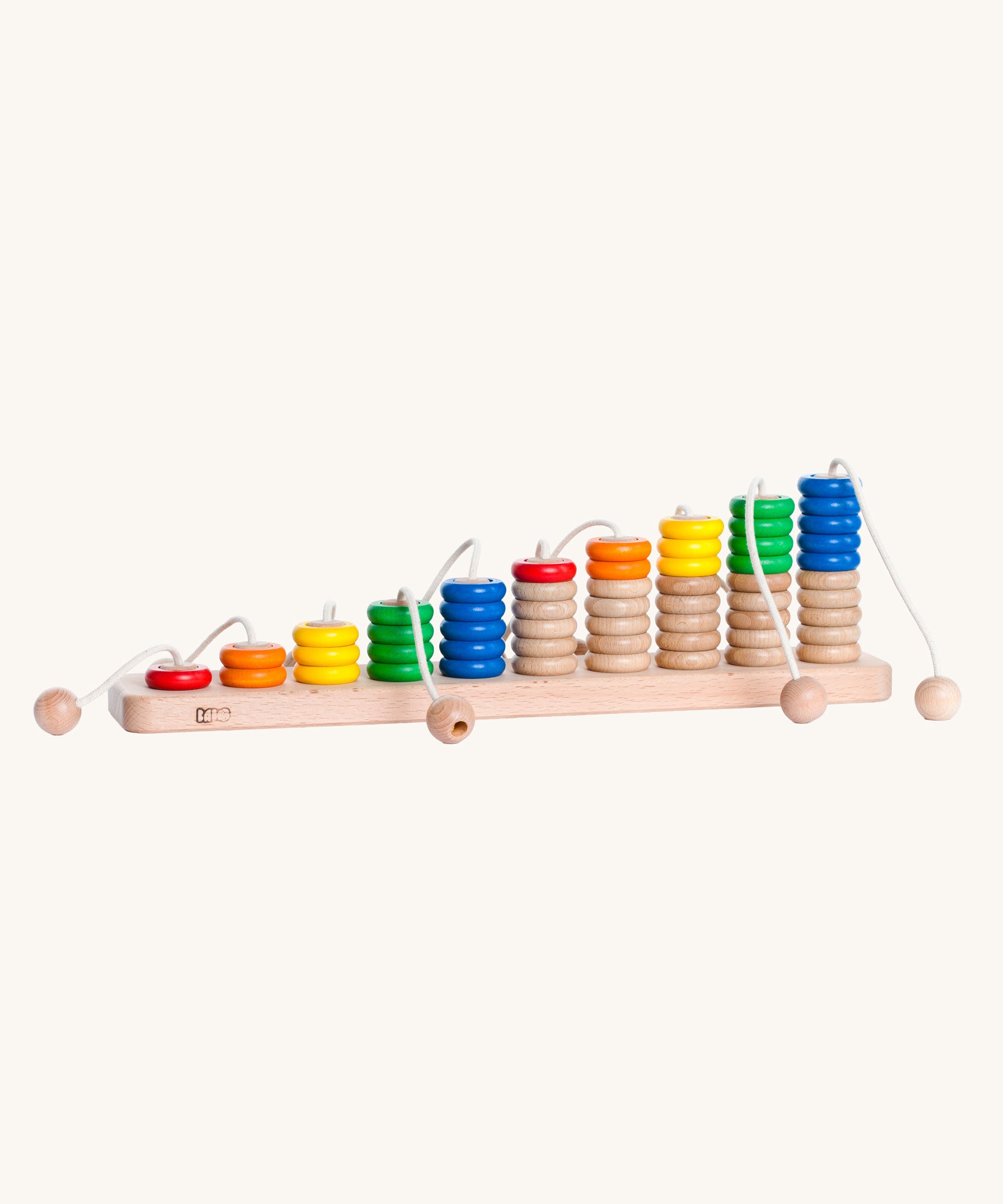 Bajo Rope Abacus. A wooden base with ropes attached and wooden rings, some coloured and some natural wood. These heirloom quality toys by Bajo are part of a wide range of wooden toys available here at Babipur. 