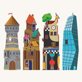Illustration of the four different tower designs on each side of the Bajo Four Towers Wooden Turning Blocks Puzzle