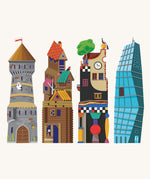 Illustration of the four different tower designs on each side of the Bajo Four Towers Wooden Turning Blocks Puzzle