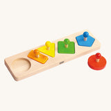 Bajo Figures Sorting Board. A wooden puzzle sorting board toy with different shape peg pieces to place on a wooden base. These heirloom quality toys by Bajo are part of a wide range of wooden toys available here at Babipur. 