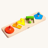 Bajo Figures Sorting Board. A wooden puzzle sorting board toy with different shape peg pieces to place on a wooden base. These heirloom quality toys by Bajo are part of a wide range of wooden toys available here at Babipur. 