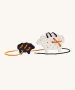 Bajo wooden Lacing Sheep Lamb toy. A white sheep and black lamb with black and orange laces. These heirloom quality toys by Bajo are part of a wide range of wooden toys available here at Babipur. 