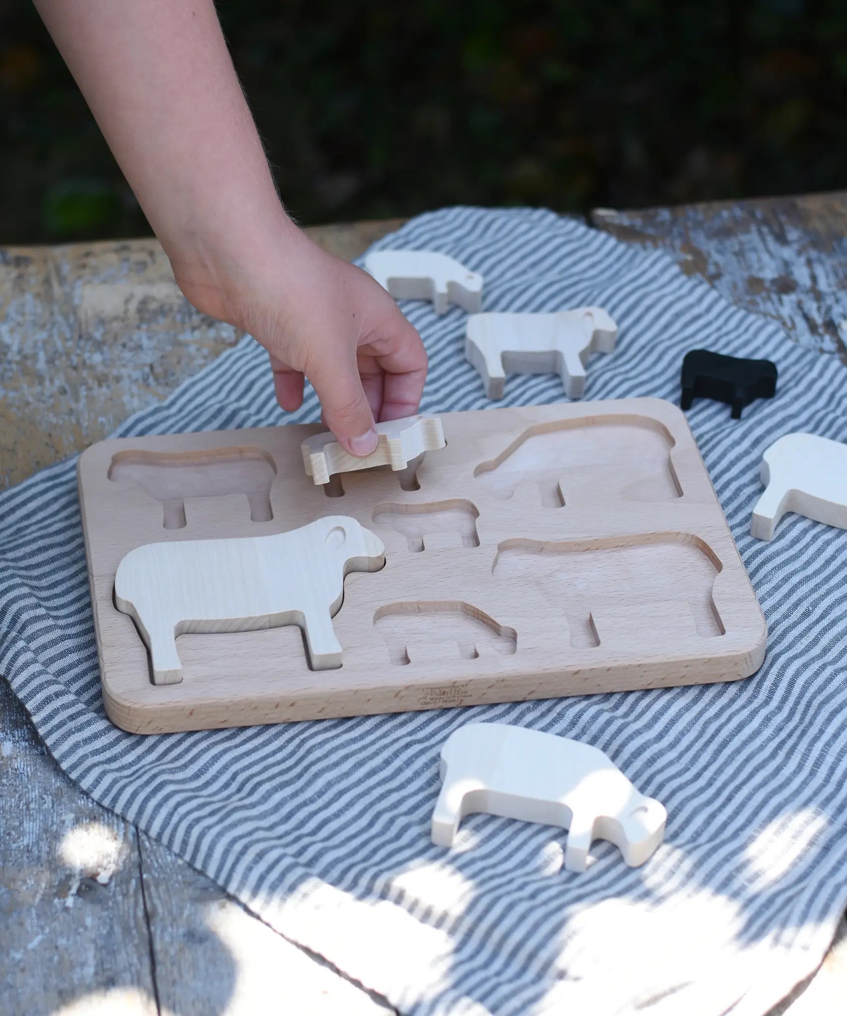 Child placing pieces into the shaped slots of the Bajo sheep puzzle base. 