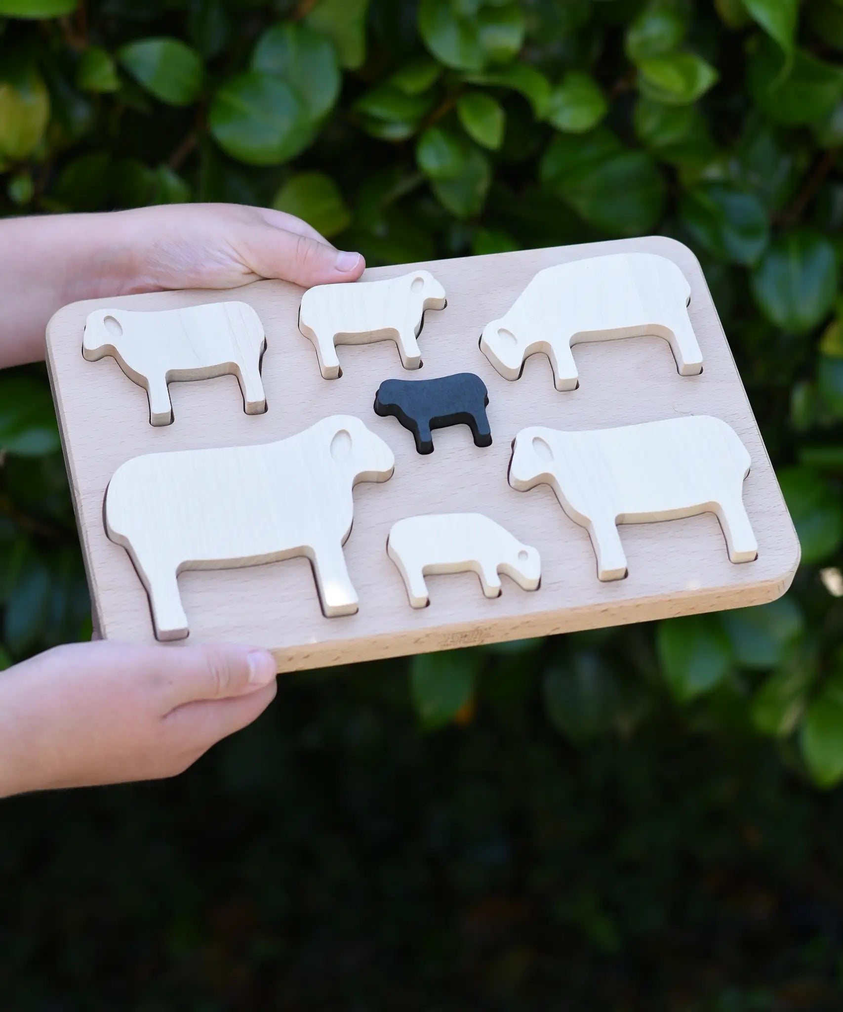Bajo sheep puzzle shown in a child's hands.