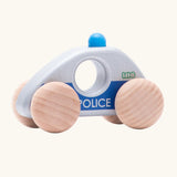Bajo silver police car wooden toy vehicle. Silver car with blue details and natural wooden wheels.