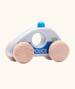 Bajo silver police car wooden toy vehicle. Silver car with blue details and natural wooden wheels.