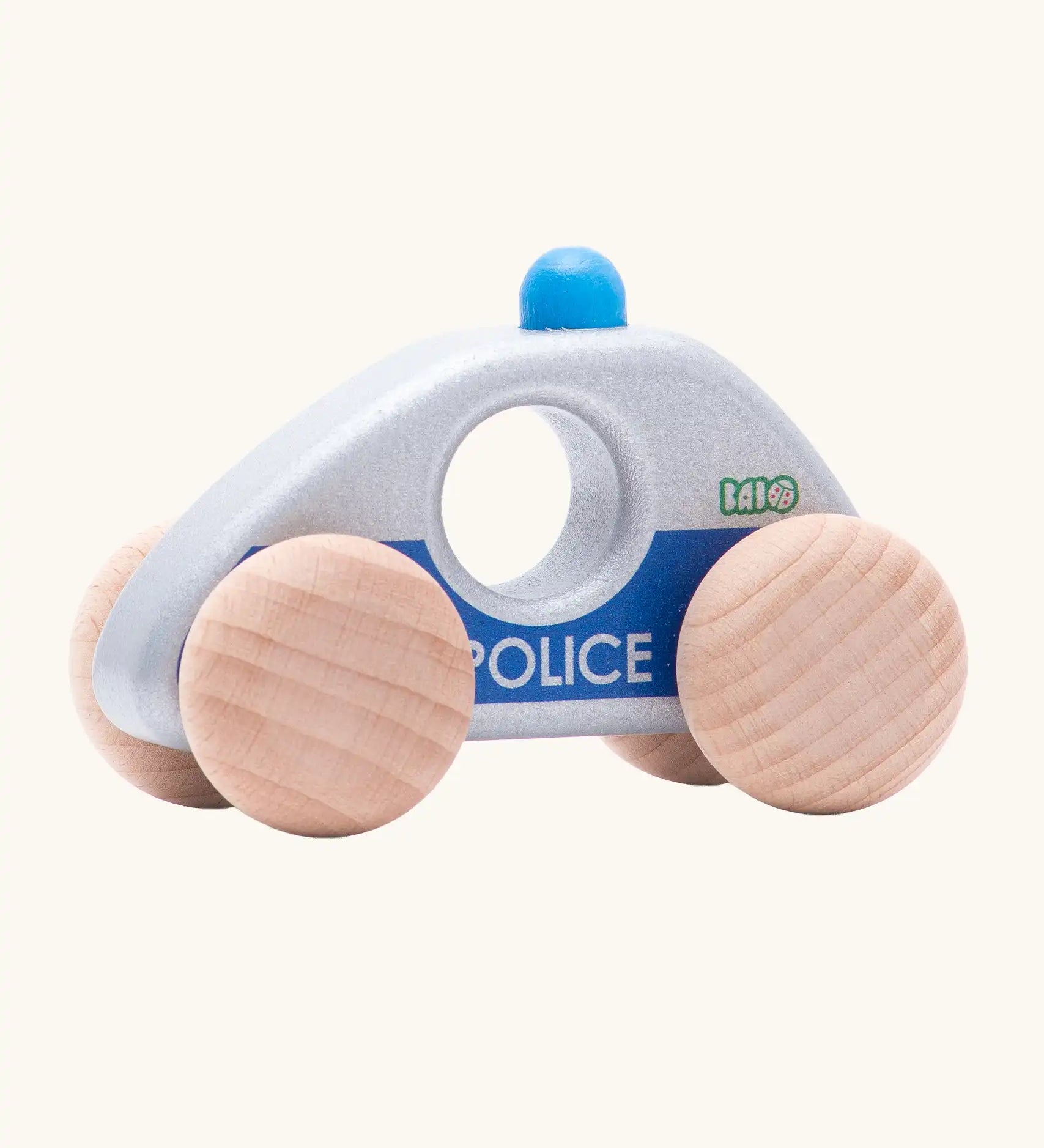 Bajo silver police car wooden toy vehicle. Silver car with blue details and natural wooden wheels.