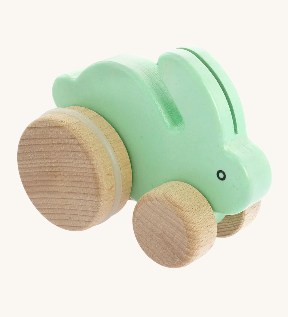 Bajo Mint Small wooden Rabbit toy on wheels. These small wooden rabbits are part of a wide range of wooden toys available at Babipur. 