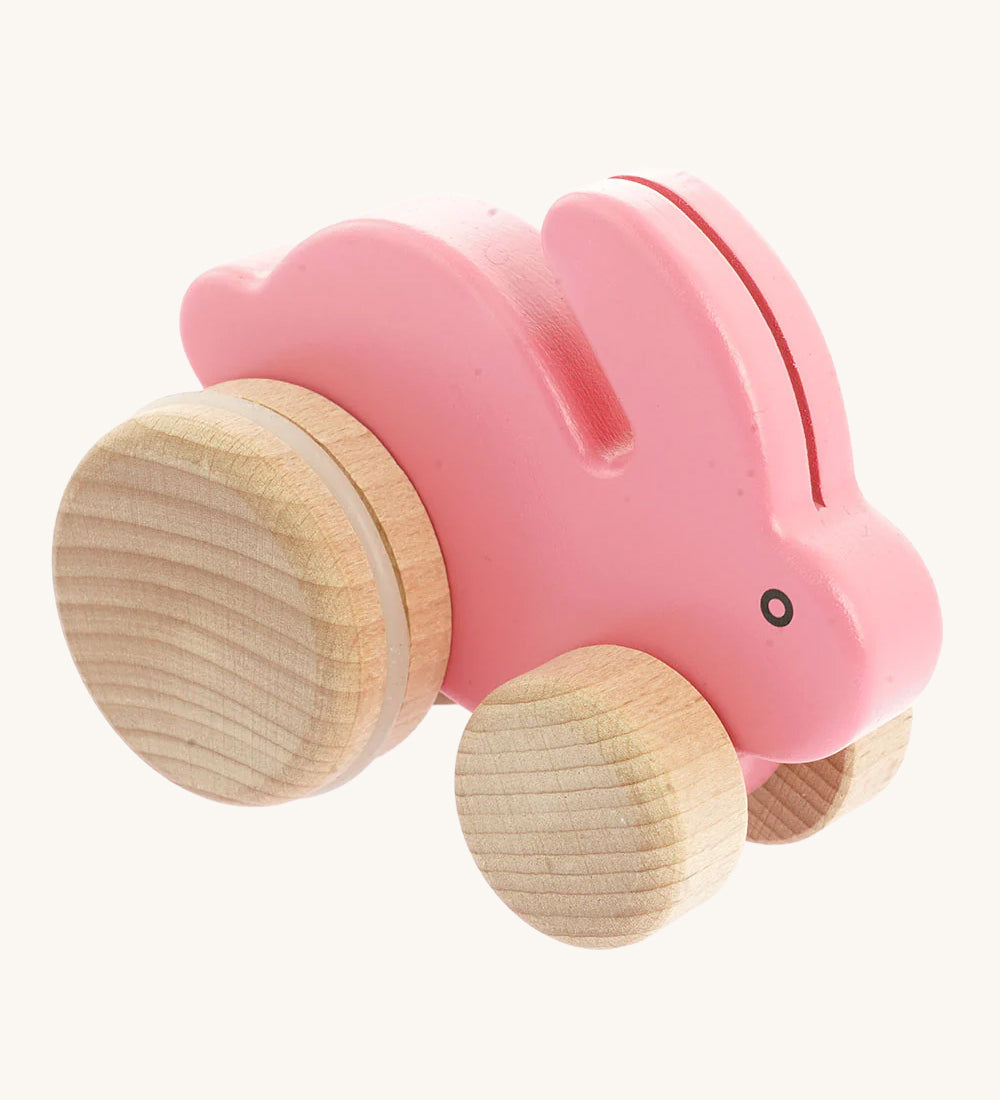 Bajo Pink Small wooden Rabbit toy on wheels. These small wooden rabbits are part of a wide range of wooden toys available at Babipur. 