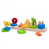 Bajo Sorting Board woodne toy. A wooden sorting toy featuring a wooden base with dowels and different shapes to place on them. These heirloom quality toys by Bajo are part of a wide range of wooden toys available here at Babipur. 